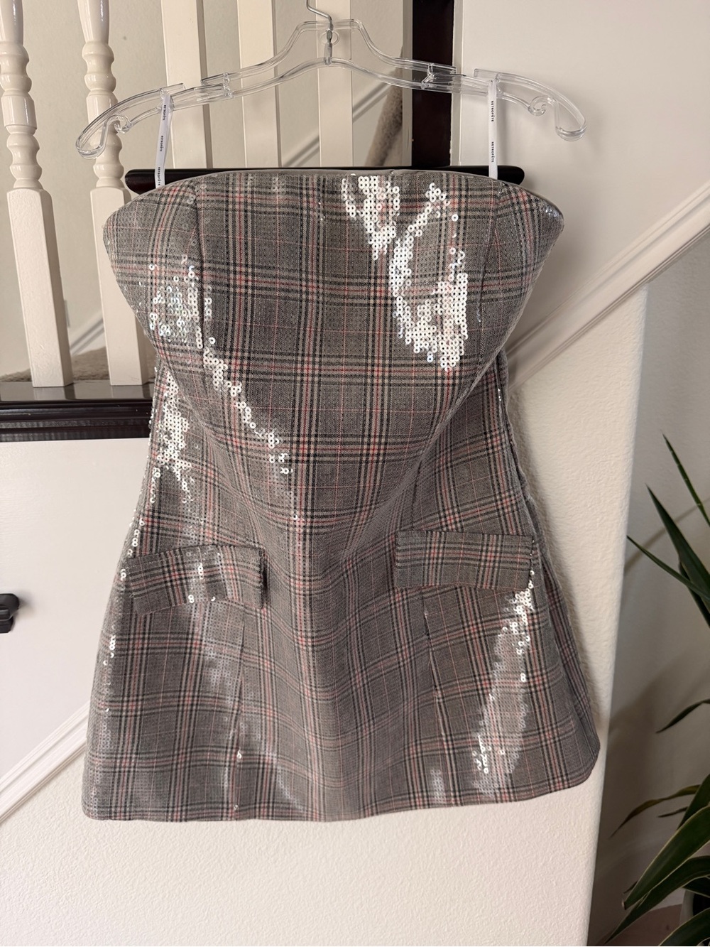 Retrofete Strapless Plaid Sequin Mini Dress - Gray with Pink